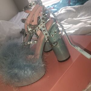 Sugar Thrillz Baby Blue Strappy Heels with Fur Accent